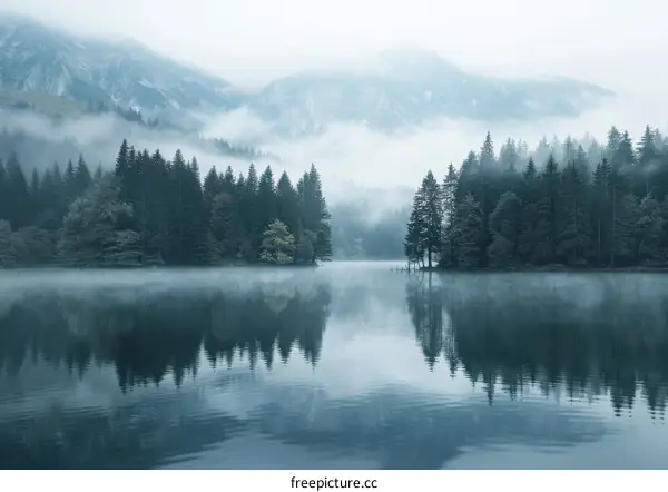 Foggy Mountains and Trees Reflected in Serene Lake