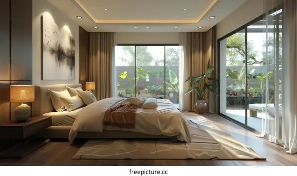 Modern Bedroom with Garden View Illustration