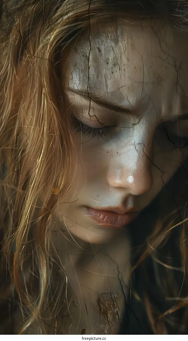 A close-up portrait of a sad young woman with her eyes closed
