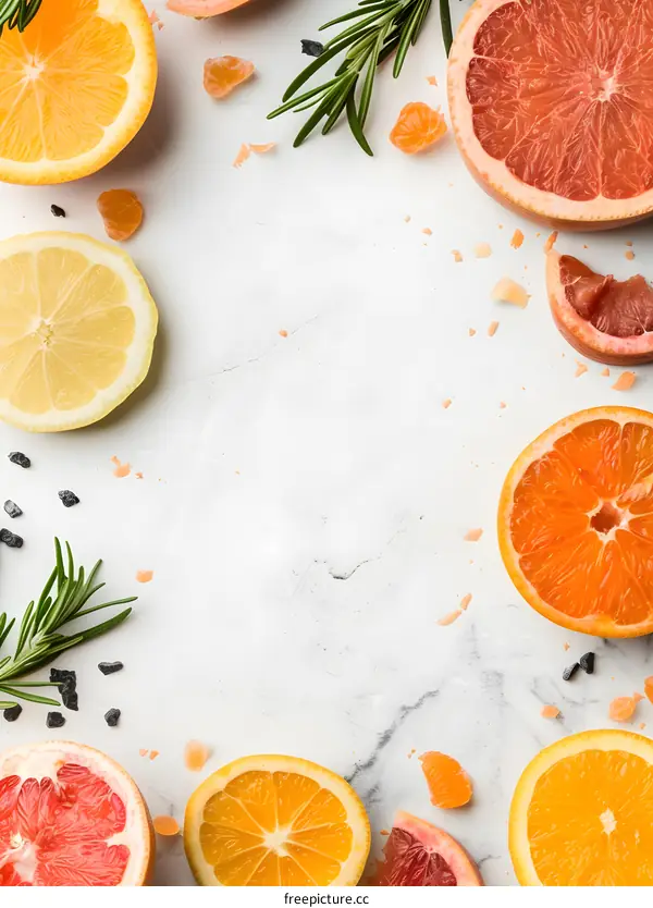 Fresh Citrus Fruits and Rosemary on White Marble Background