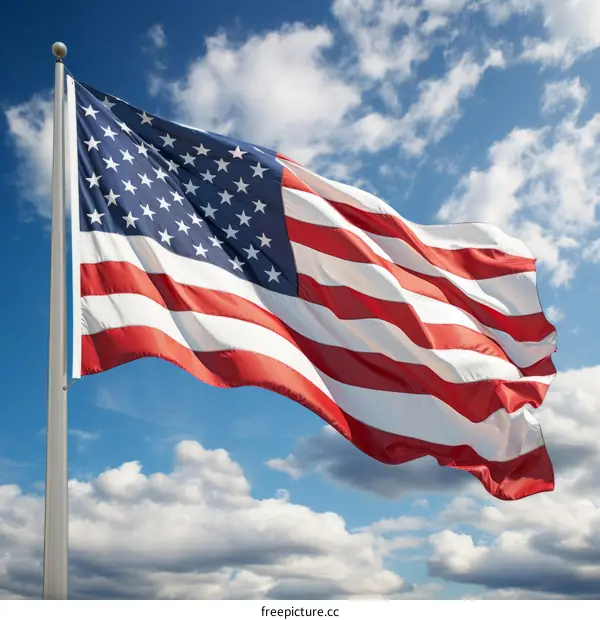 Close up of American flag waving in the wind against a blue sky with clouds