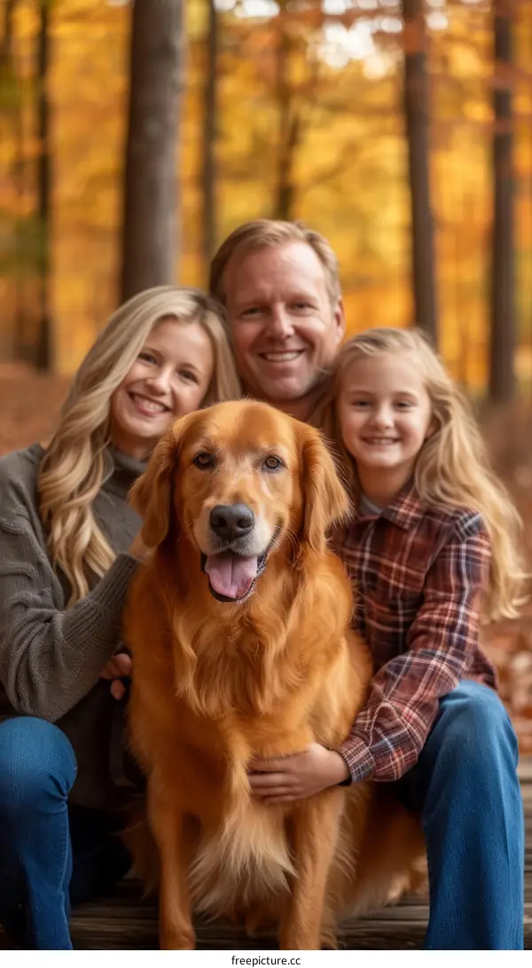 Family of three with a golden retriever in the woods