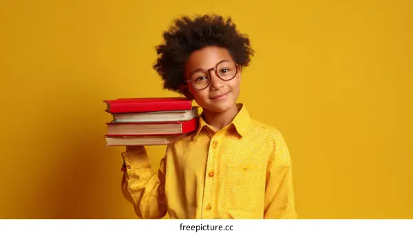 Child with Books Against Yellow Background