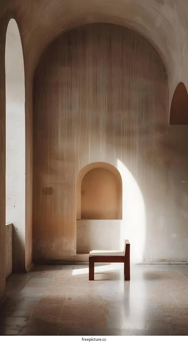 Minimalist Architecture with Arched Windows and a Wooden Bench