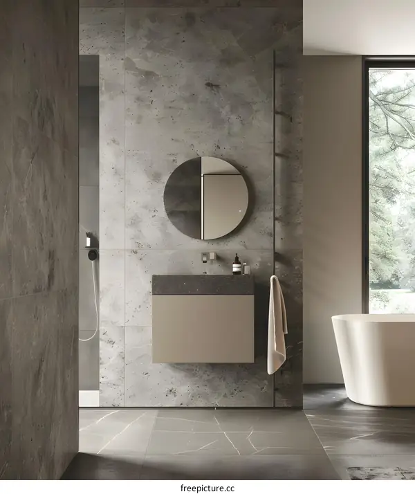 Modern Bathroom Interior Design With Grey Marble Walls And A Freestanding Bathtub
