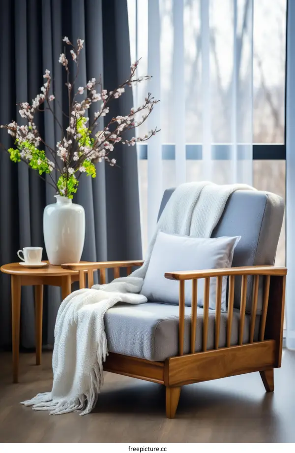 A comfortable chair sits in front of a large window.