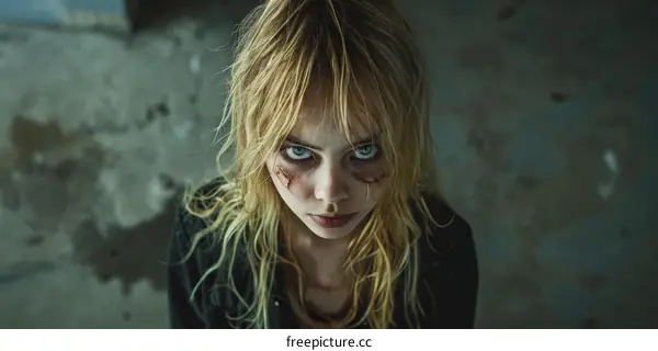 A blonde girl with blue eyes and a bloody face