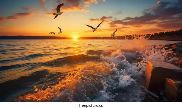 Seagulls in Flight at Sunset