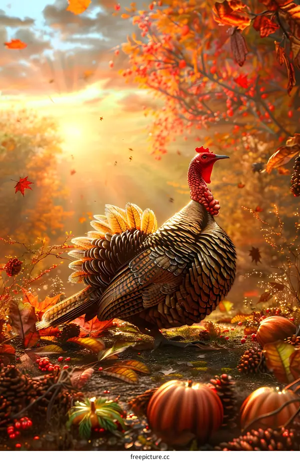 A turkey standing in a fall forest