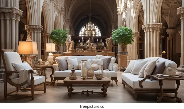 Elegant European style living room interior with two sofas and armchairs