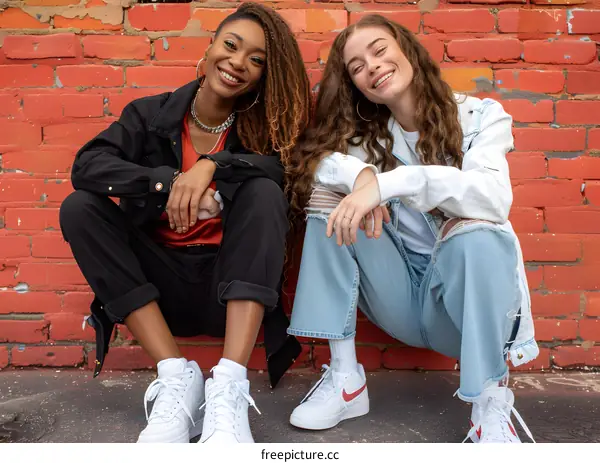 Two Smiling Diverse Friends Sitting On A Brick Wall