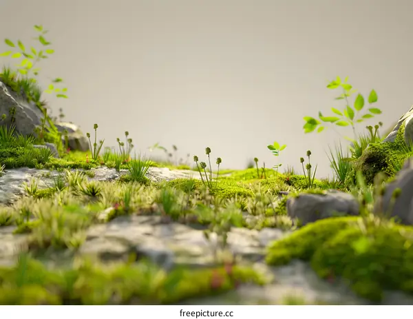 Green Grass and Mossy Rocks with a Light Background