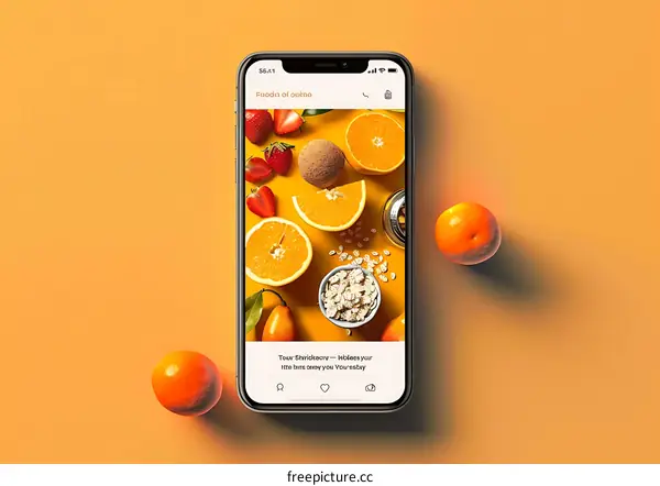Smartphone Display Showing Food Image With Orange and Strawberries