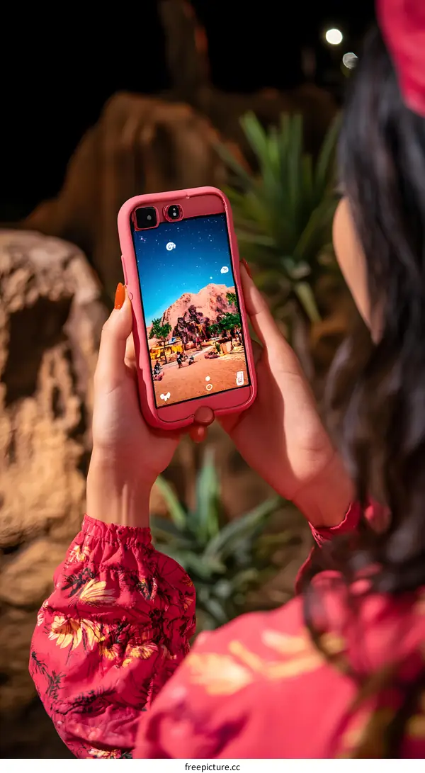 Woman Holding Smartphone Taking Photo Of Desert Landscape