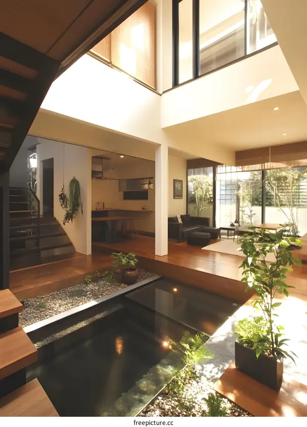 Modern Japanese House with Indoor Pond and Garden