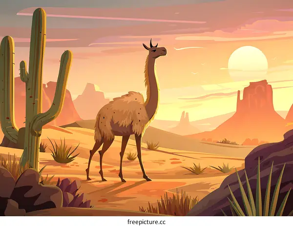 Camel In The Desert Landscape With Sunset