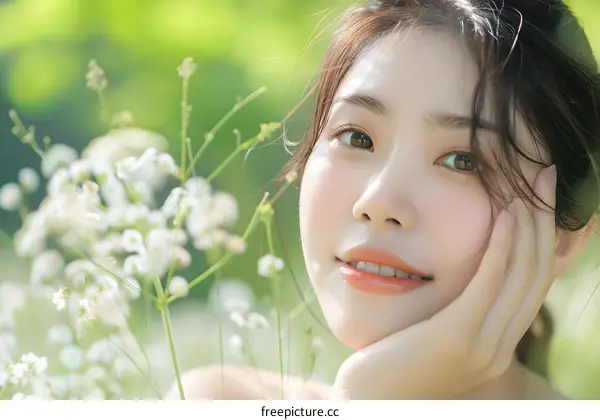 Beautiful Asian Woman with Flowers in the Background