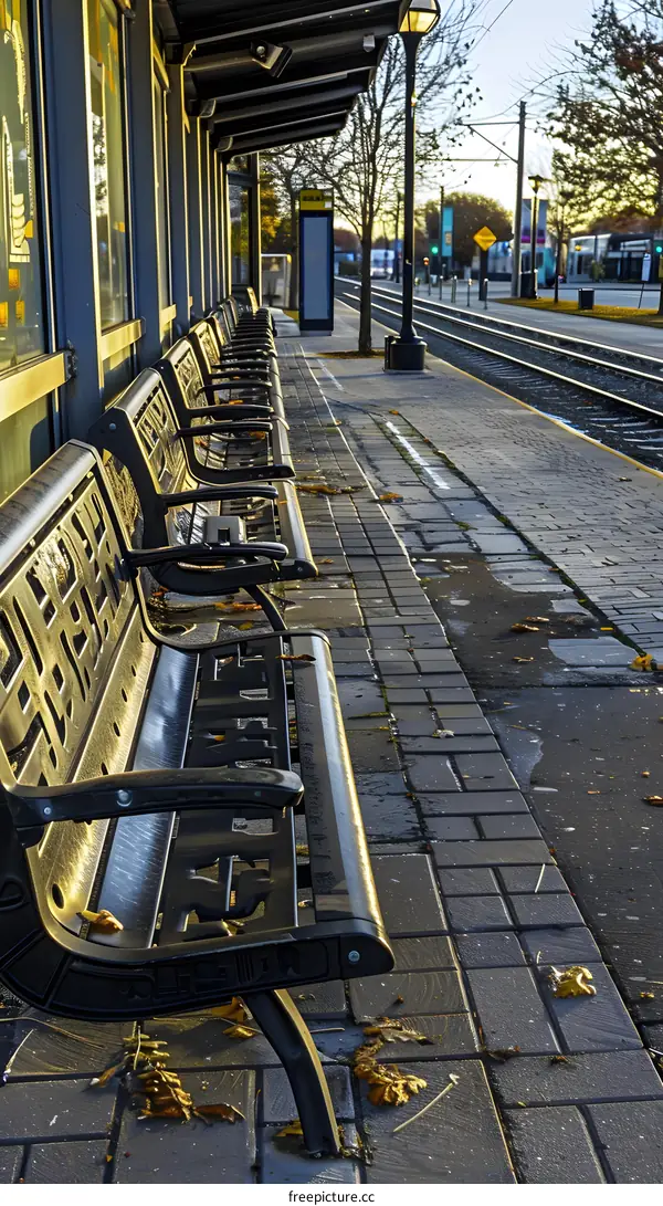 Empty Train Station Bench with Autumn Leaves