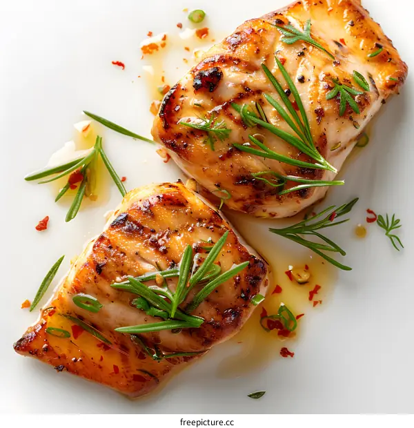 Two pieces of grilled fish with herbs and spices on a white plate