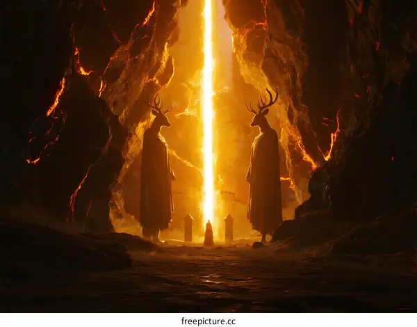 Two Deer-Horned Figures Standing in Lava-Lit Cave with Glowing Portal