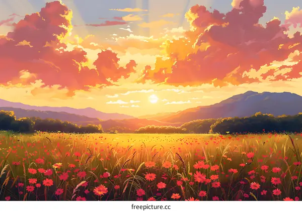Flower field under sunset