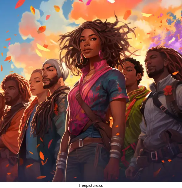 A group of people of color standing together in front of a colorful background