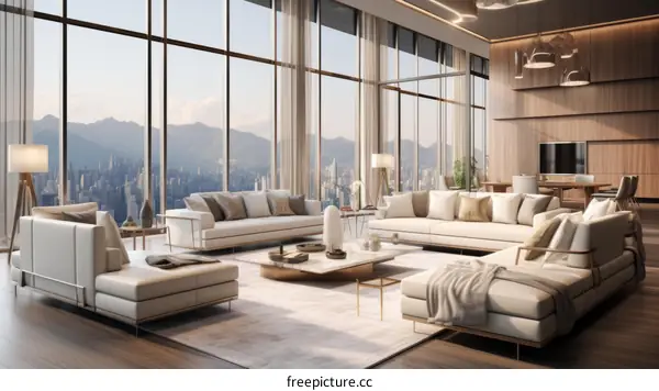 Modern luxury living room interior design with large windows and city view