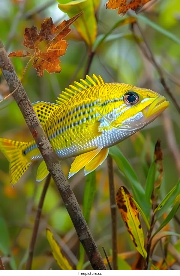Yellow and Blue Fish Swimming Through Mangrove Roots