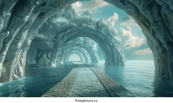 Surreal Ice Tunnel with Stone Path