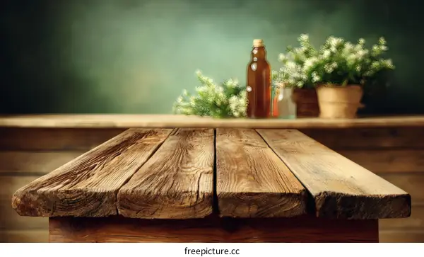 Rustic Wooden Table Top with Green Background