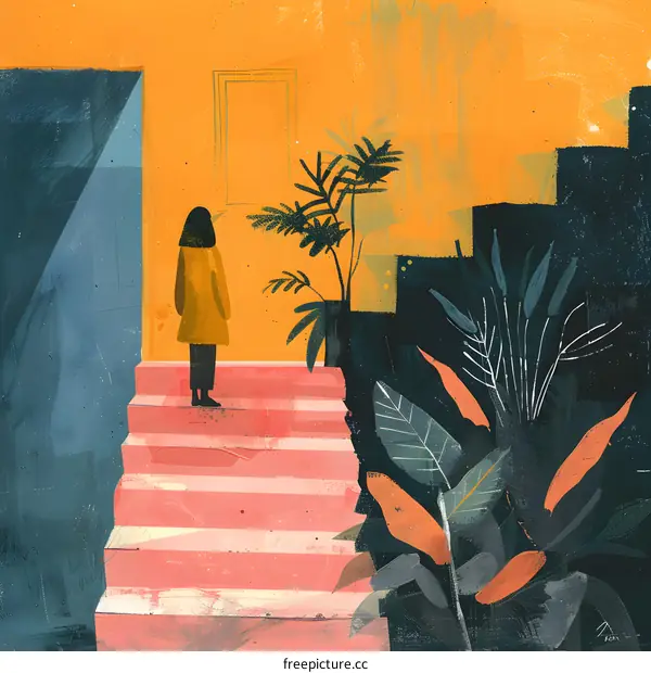 Woman Standing on Stairs with Plants in Background