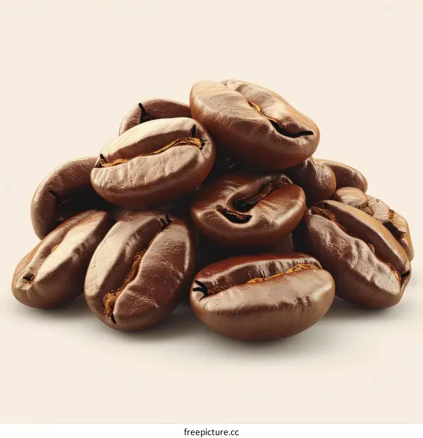 A pile of coffee beans isolated on a beige background.