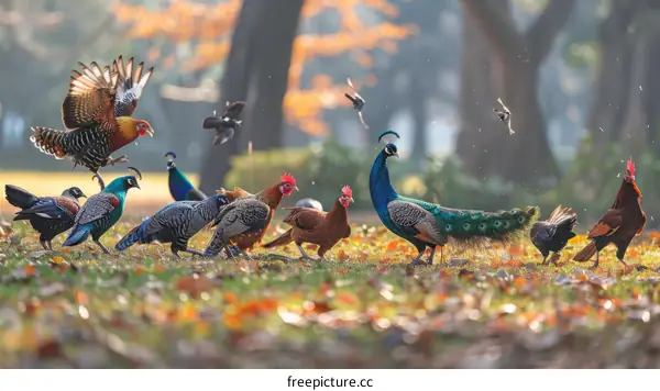 A group of peafowl and chickens foraging in a forest