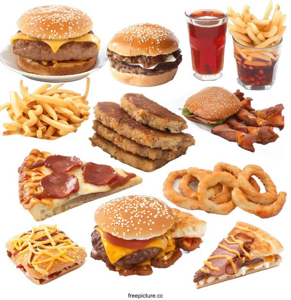 [Transparent Background PNG]Fast Food Collage With Burgers Pizza French Fries Onion Rings And Chicken Tenders