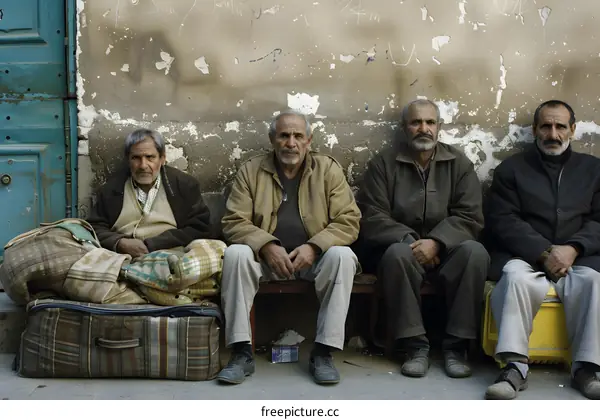 Four Middle Eastern Men Sitting on a Bench in Front of a Wall