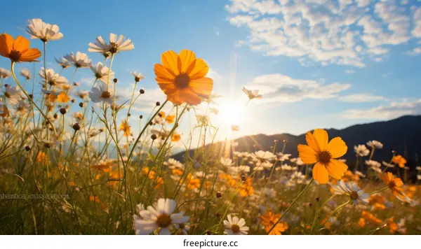 Field of yellow and white daisies under blue sky with white clouds