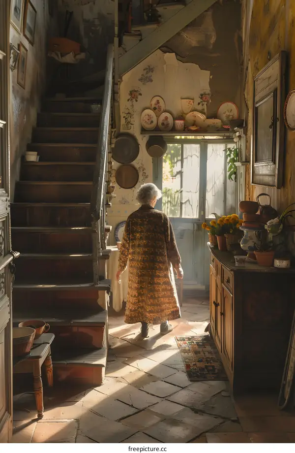 An old woman standing in a room with a staircase