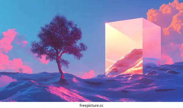 Digital Art Landscape with Tree and Geometric Shape