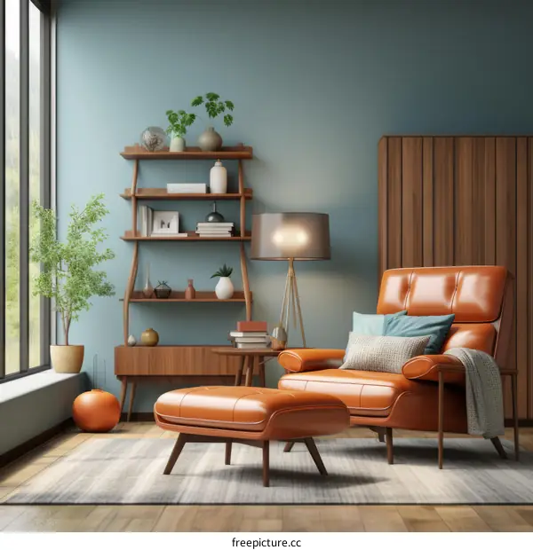 Mid-Century Modern Living Room with Leather Armchair and Ottoman