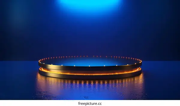 Blue and gold 3D rendering of an empty stage with spotlights