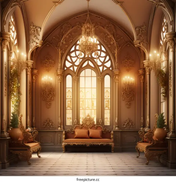 Ornate Golden Hall with Two Chairs and a Couch
