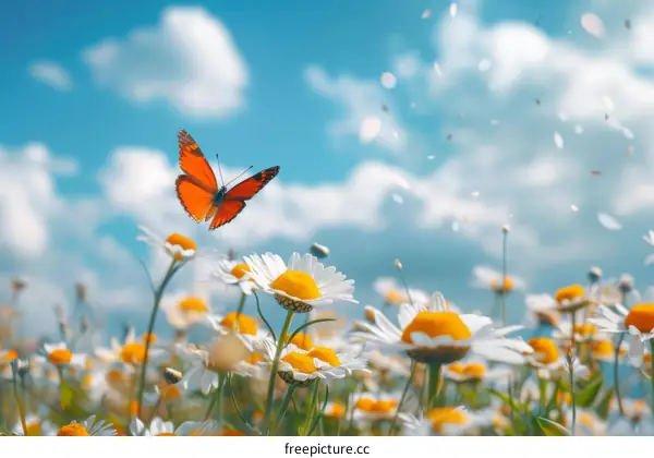 Orange butterfly on a field of daisies
