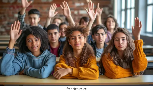 Diverse High School Students Raising Hands in Class