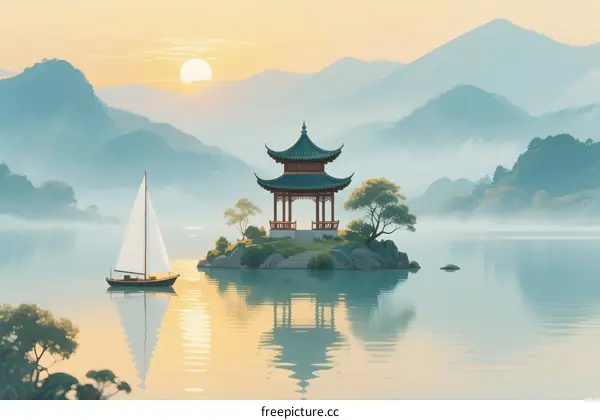 A serene lake with a traditional pavilion and a sailboat at sunset