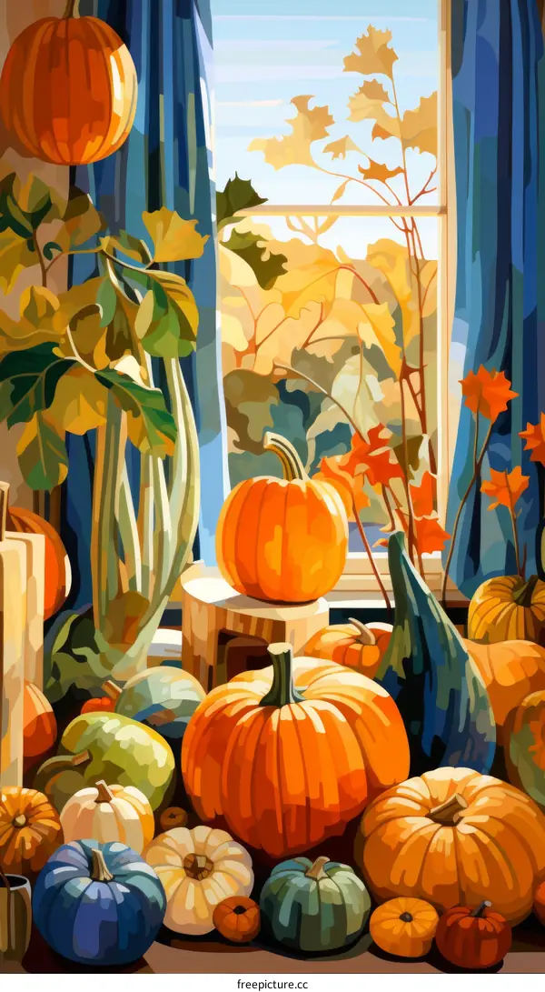 A colorful still life painting of pumpkins and gourds in front of a window