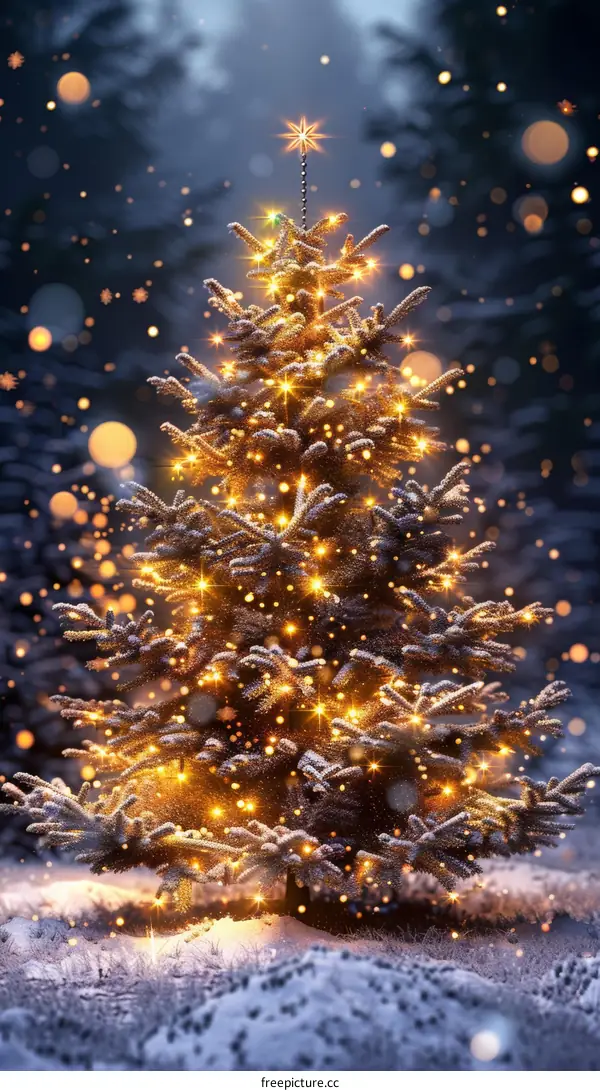 Snowy Christmas Tree with Sparkling Lights