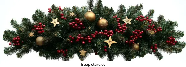 Christmas Garland Decoration with Gold Ornaments and Red Berries