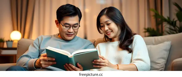 Couple Relaxing On Couch Reading A Book Together In Living Room
