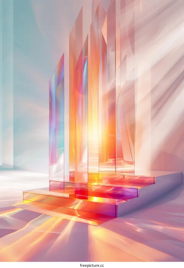 Pink and White Abstract Crystal Podium with Vibrant Rainbow Rays