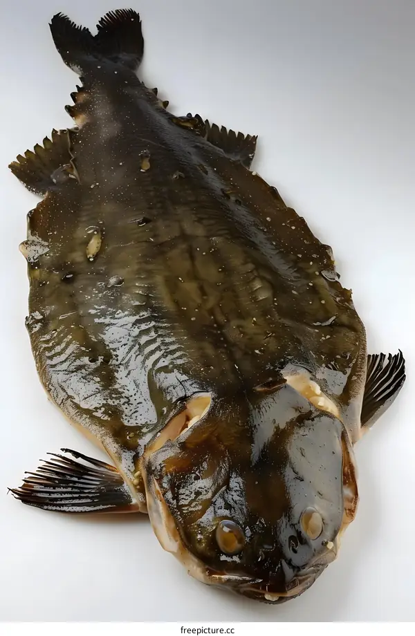 A large dark fish lies on a white surface